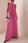 Iris | Elegant Pink Sleeveless Flower Embellished Maxi Dress