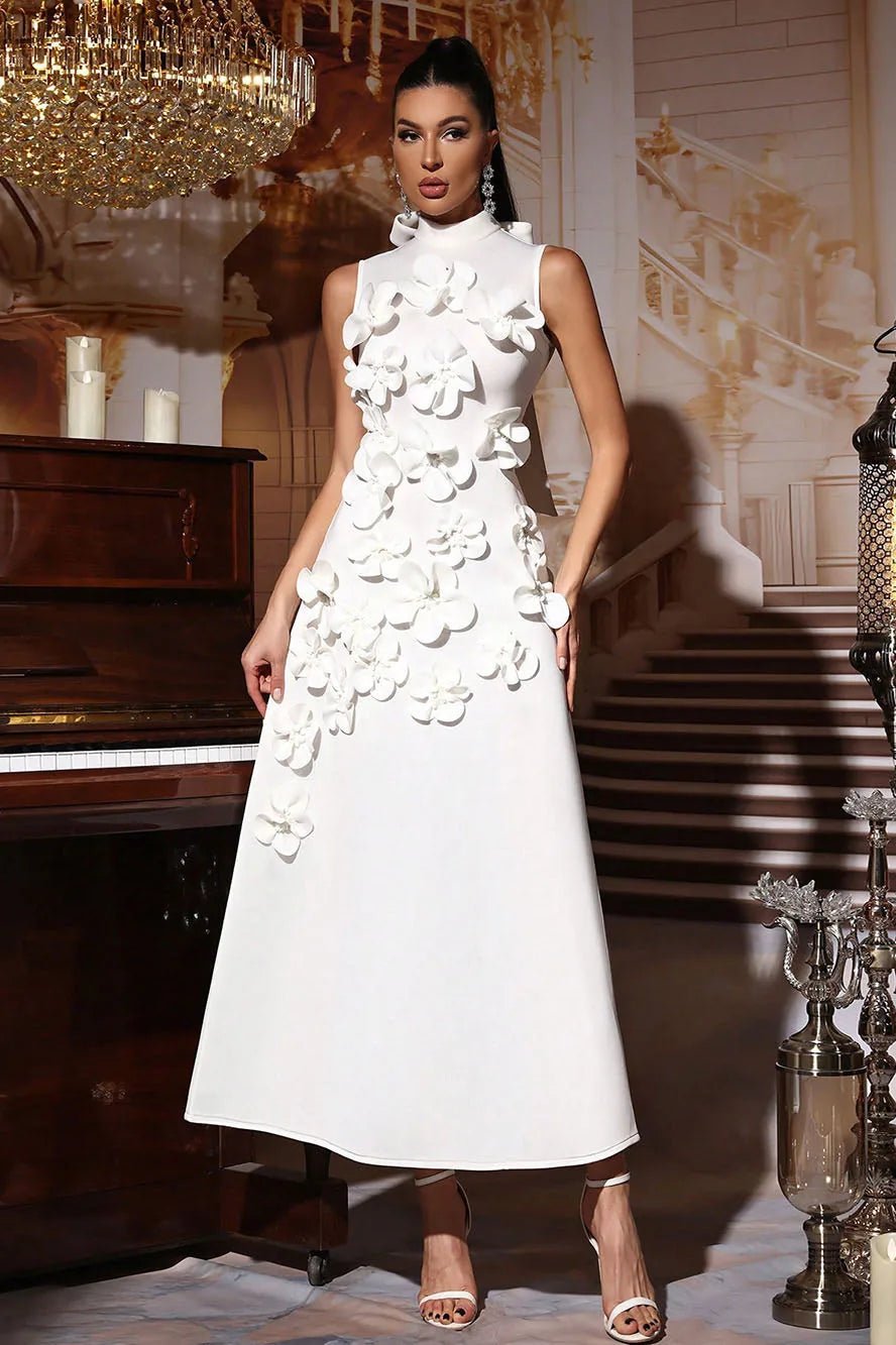 Iris | Elegant Pink Sleeveless Flower Embellished Maxi Dress - Emma's Dresses
