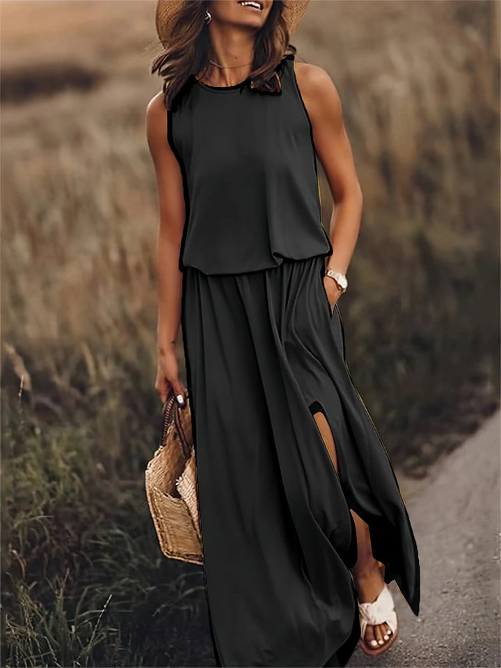 Juliet | Stylish Sleeveless Yellow Maxi Dress With Side Slit - Emma's Dresses