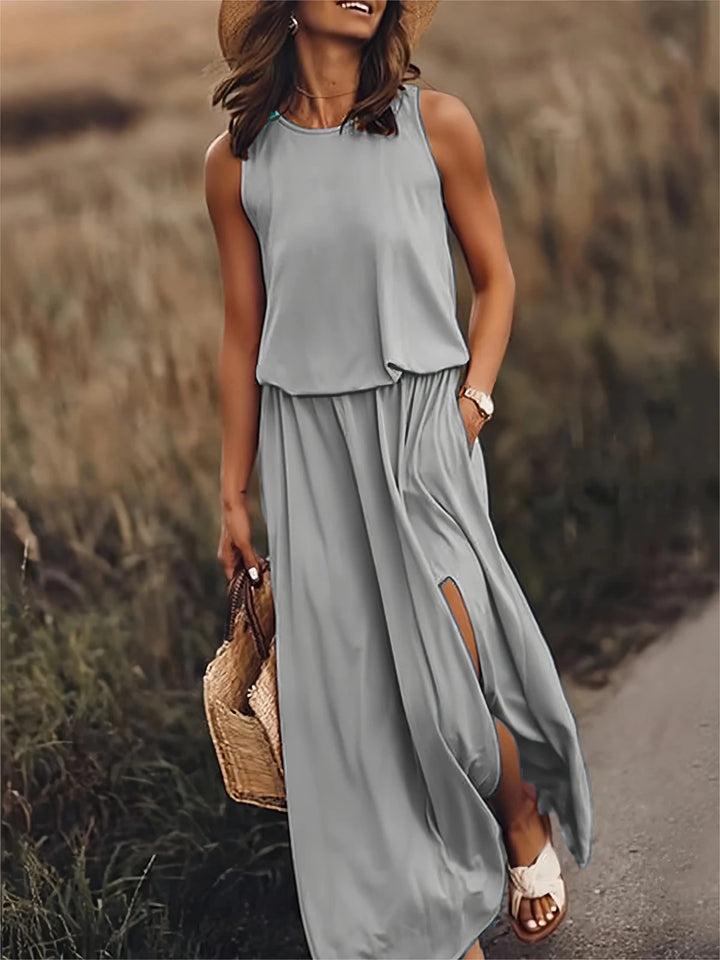 Juliet | Stylish Sleeveless Yellow Maxi Dress With Side Slit - Emma's Dresses