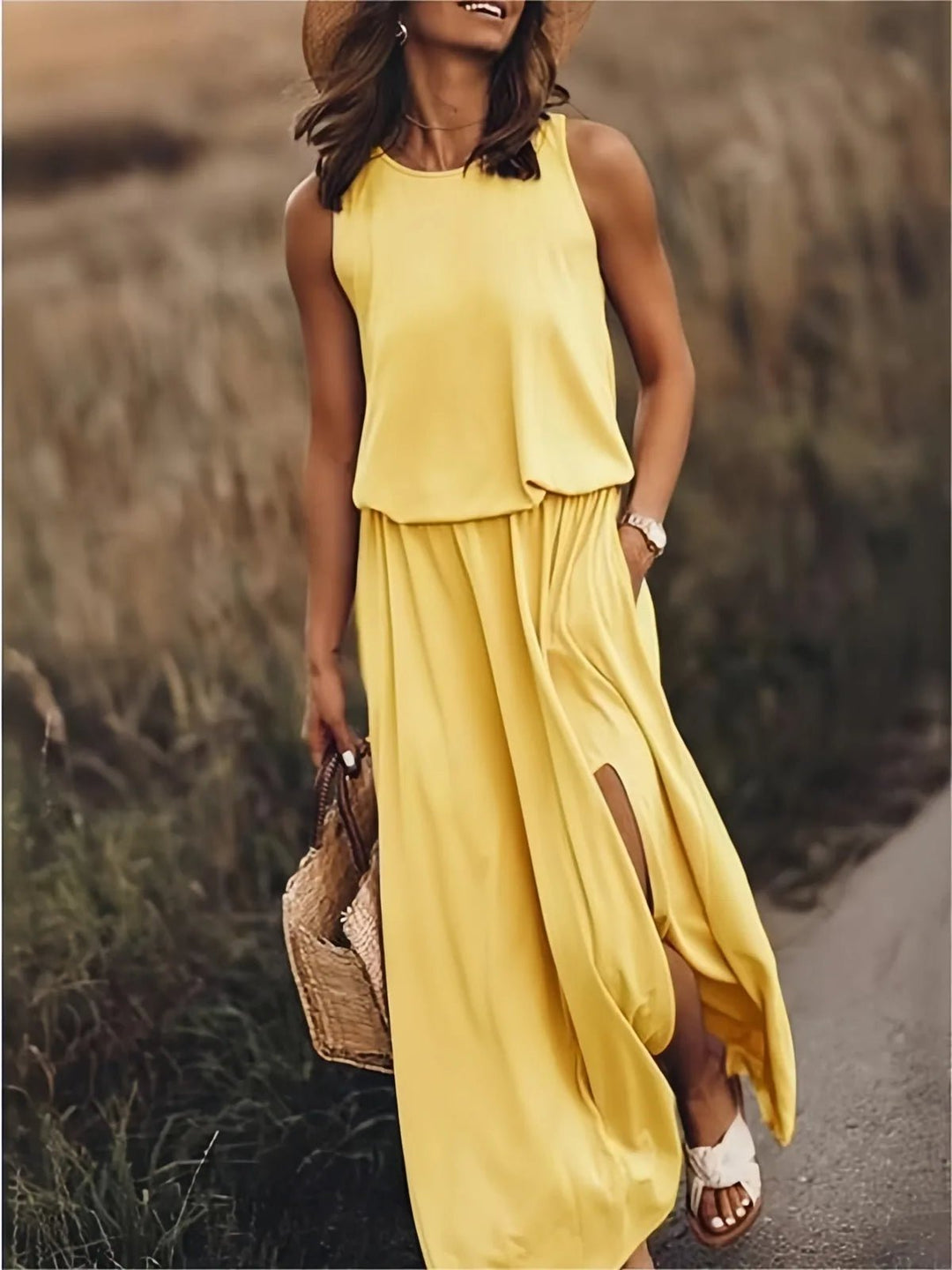 Juliet | Stylish Sleeveless Yellow Maxi Dress With Side Slit - Emma's Dresses