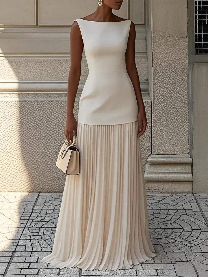 Freya | Elegant Sleeveless Pleated Maxi Dress with Boat Neck - Emma's Dresses