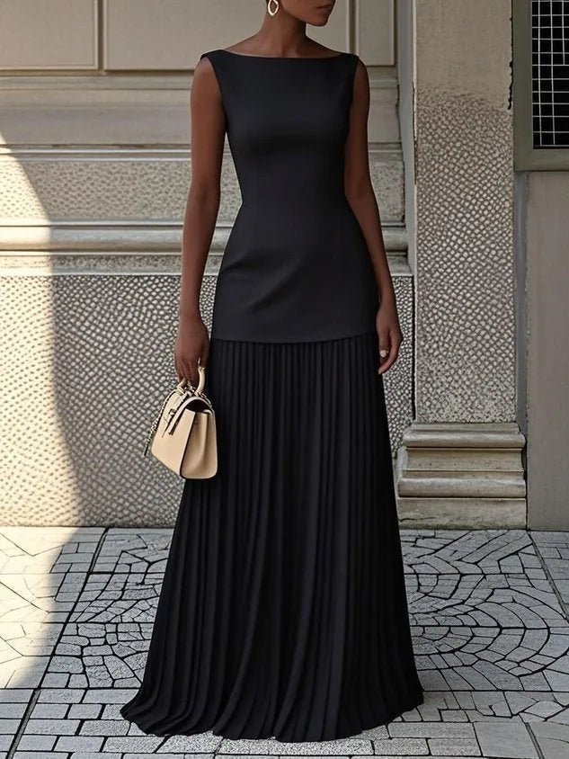 Ava | Elegant Blue Sleeveless Pleated Maxi Dress With Boat Neck - Emma's Dresses