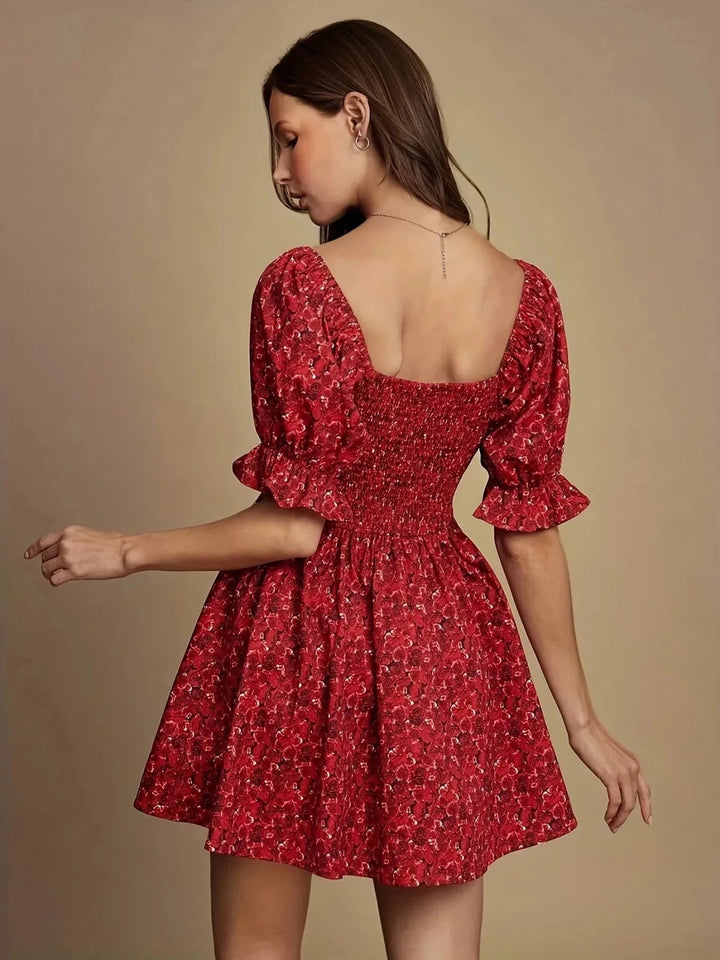 Aurora | Floral Mini Dress With Puff Sleeves Square Neckline - Emma's Dresses