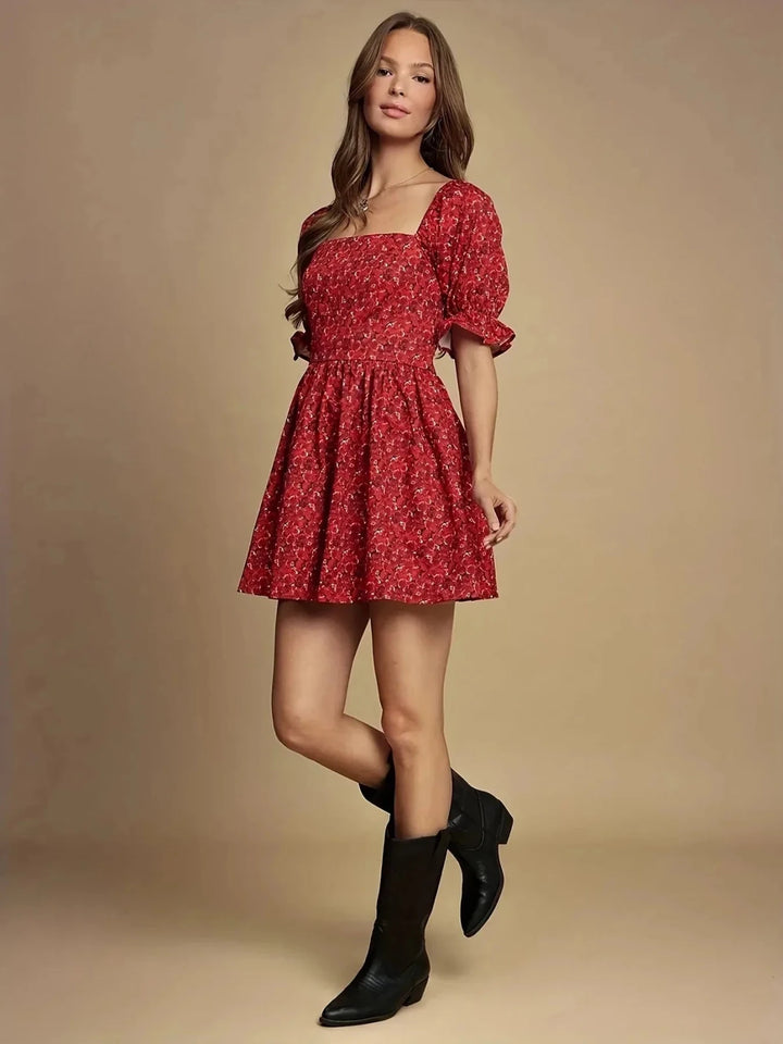 Aurora | Floral Mini Dress With Puff Sleeves Square Neckline - Emma's Dresses