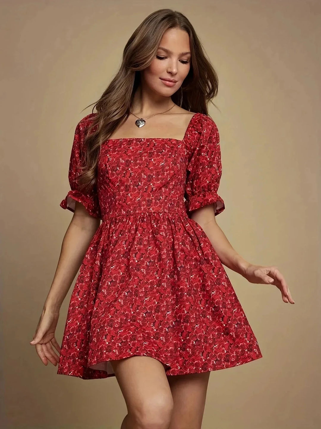 Aurora | Floral Mini Dress With Puff Sleeves Square Neckline - Emma's Dresses