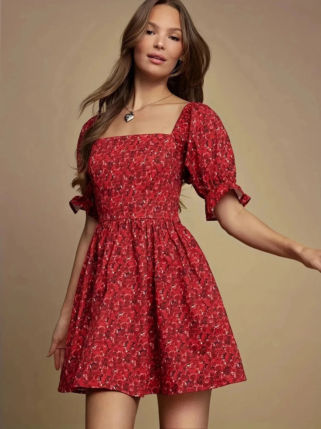Aurora | Floral Mini Dress With Puff Sleeves Square Neckline - Emma's Dresses