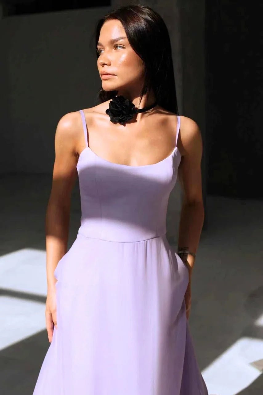 Iris | Chic Spaghetti Strap Ruffle Pink Midi Dress - Emma's Dresses