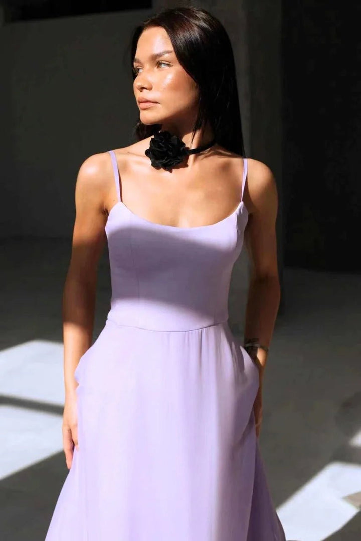 Iris | Chic Spaghetti Strap Ruffle Pink Midi Dress - Emma's Dresses