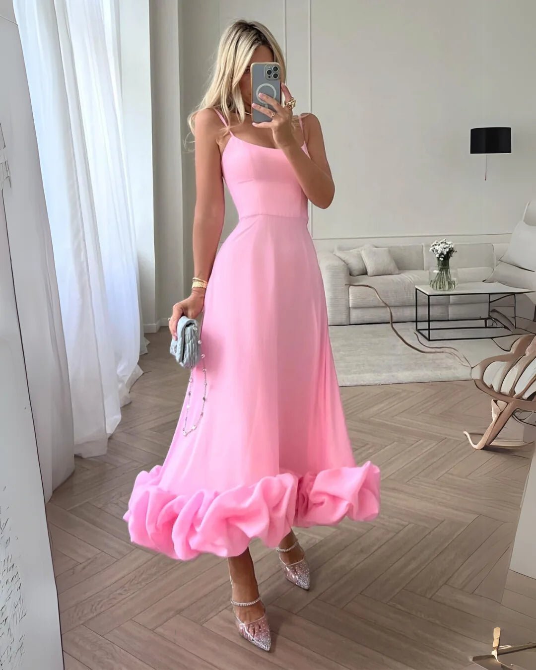 Iris | Chic Spaghetti Strap Ruffle Pink Midi Dress - Emma's Dresses