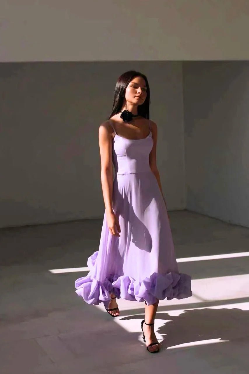 Iris | Chic Spaghetti Strap Ruffle Pink Midi Dress - Emma's Dresses