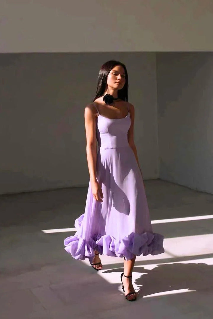 Iris | Chic Spaghetti Strap Ruffle Pink Midi Dress - Emma's Dresses