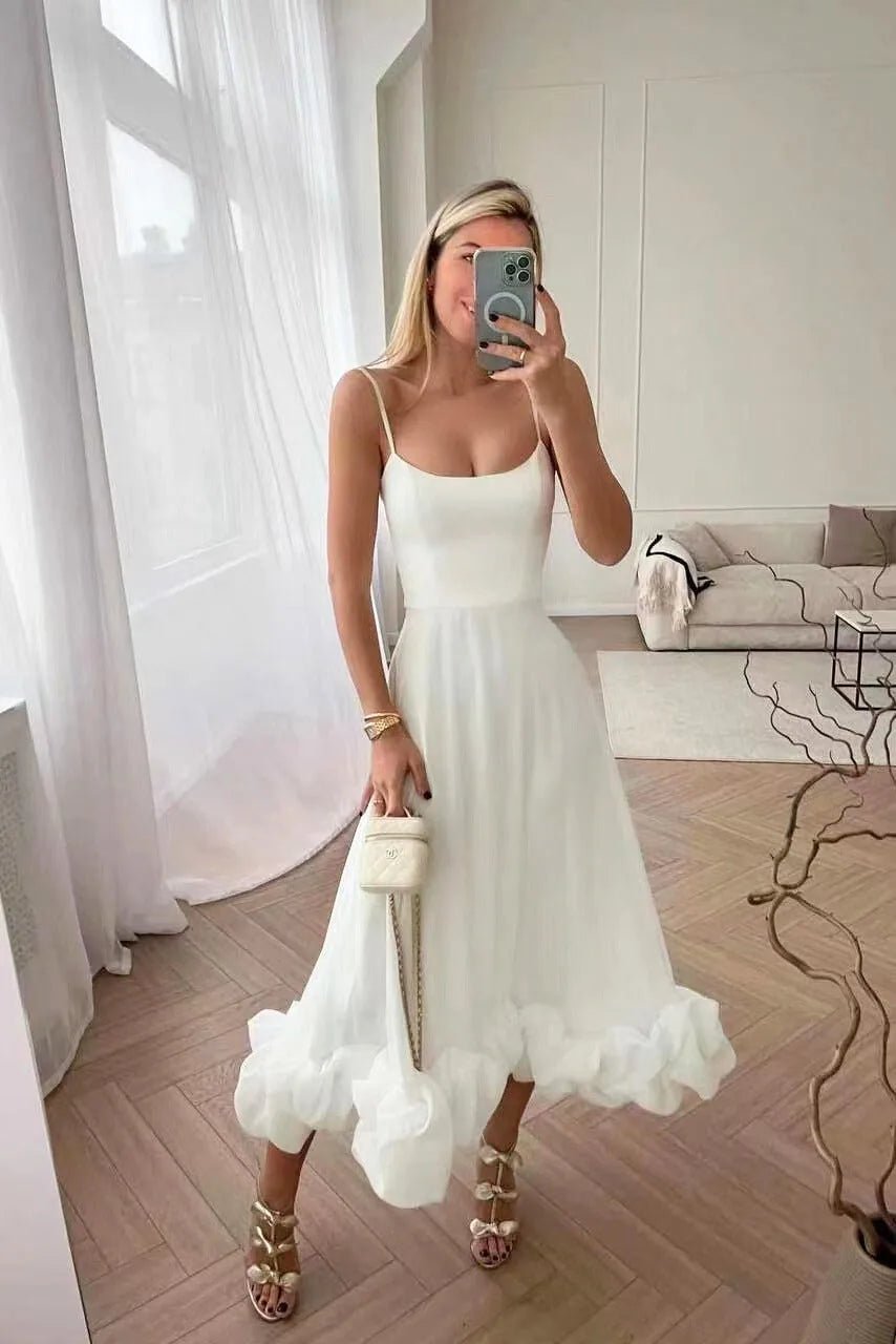 Iris | Chic Spaghetti Strap Ruffle Pink Midi Dress - Emma's Dresses