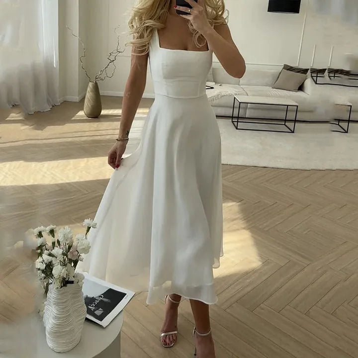 Anya | Elegant Square Neck White Dress A-Line Midi – view 1