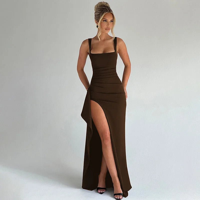 Ophelia | Elegant Square Neck Black Dress With High Slit - Emma's Dresses
