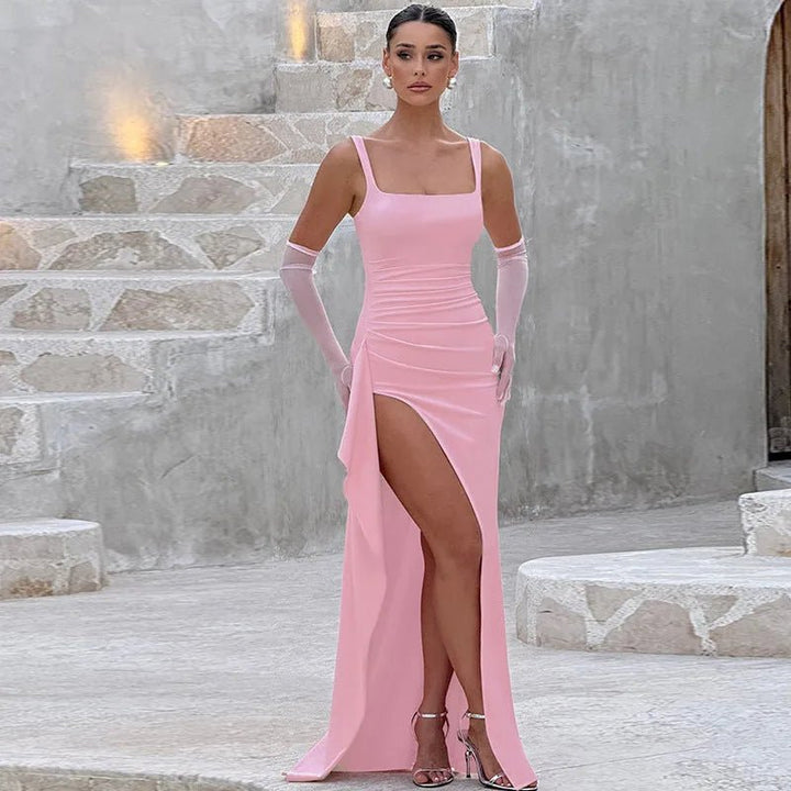 Ophelia | Elegant Square Neck Black Dress With High Slit - Emma's Dresses