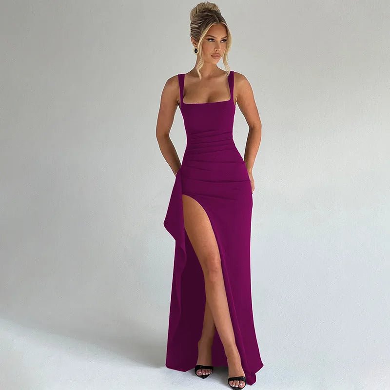 Ophelia | Elegant Square Neck Black Dress With High Slit - Emma's Dresses