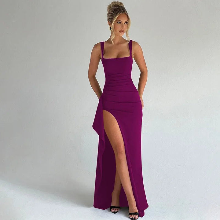 Ophelia | Elegant Square Neck Black Dress With High Slit - Emma's Dresses