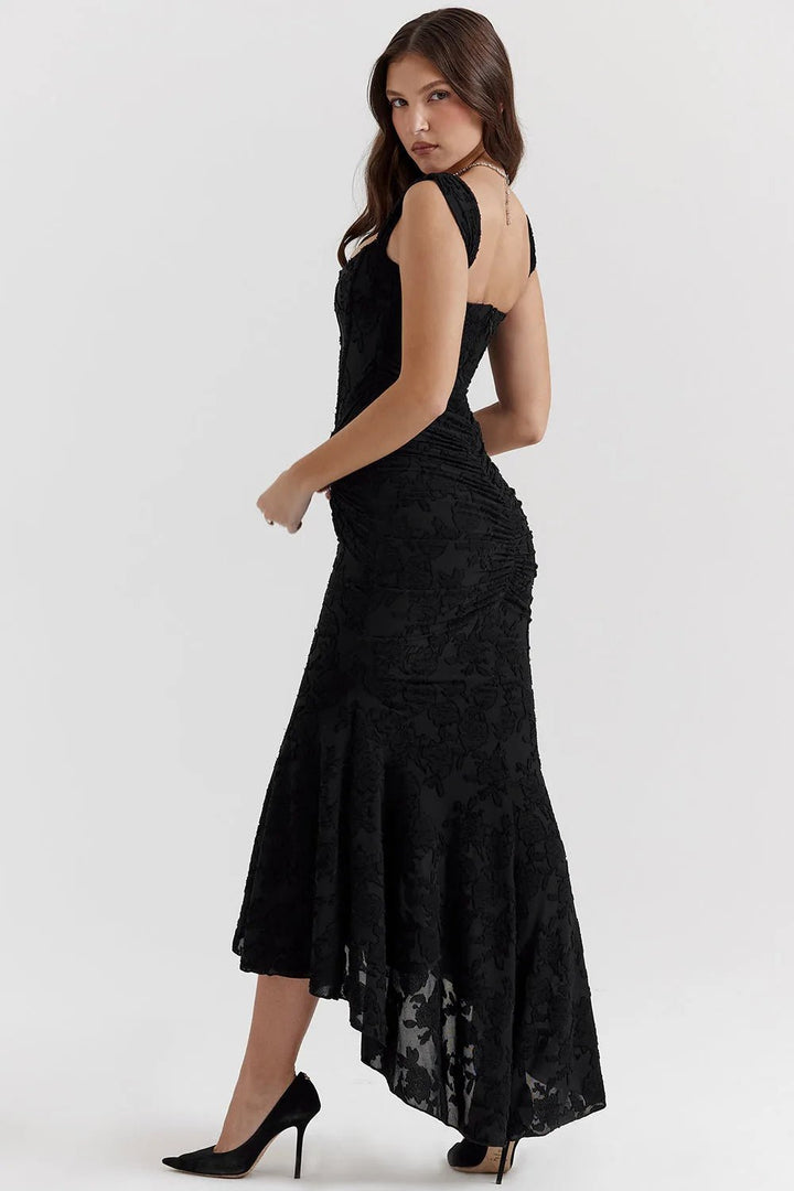Serena | Elegant Square Neck Ruched Pink Dress - Emma's Dresses