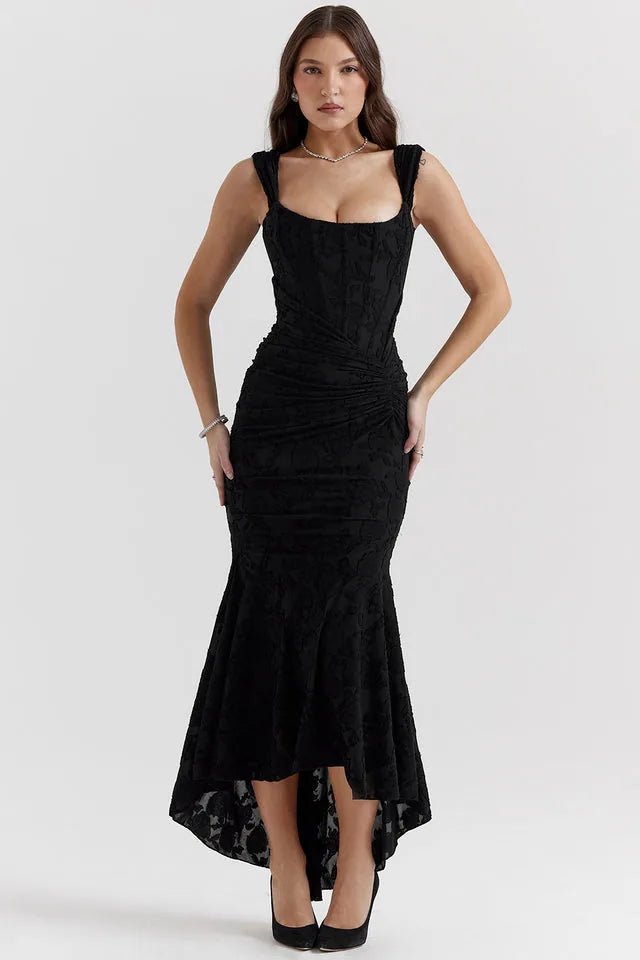 Serena | Elegant Square Neck Ruched Pink Dress - Emma's Dresses