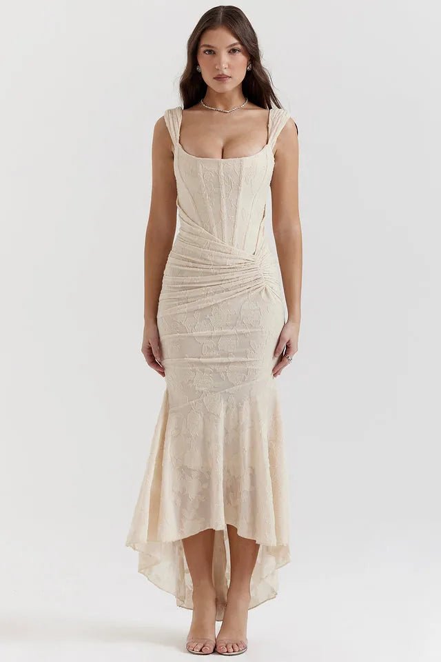 Serena | Elegant Square Neck Ruched Pink Dress - Emma's Dresses