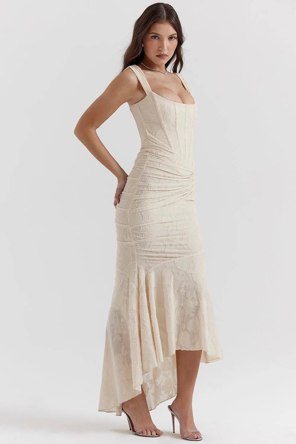 Serena | Elegant Square Neck Ruched Pink Dress - Emma's Dresses