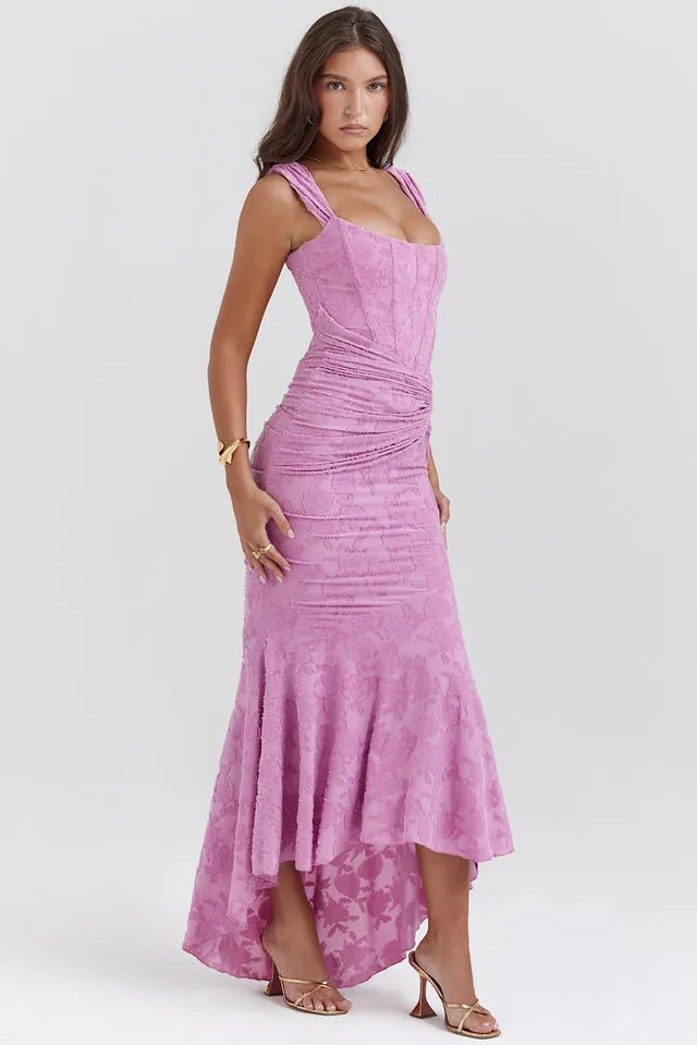 Serena | Elegant Square Neck Ruched Pink Dress - Emma's Dresses