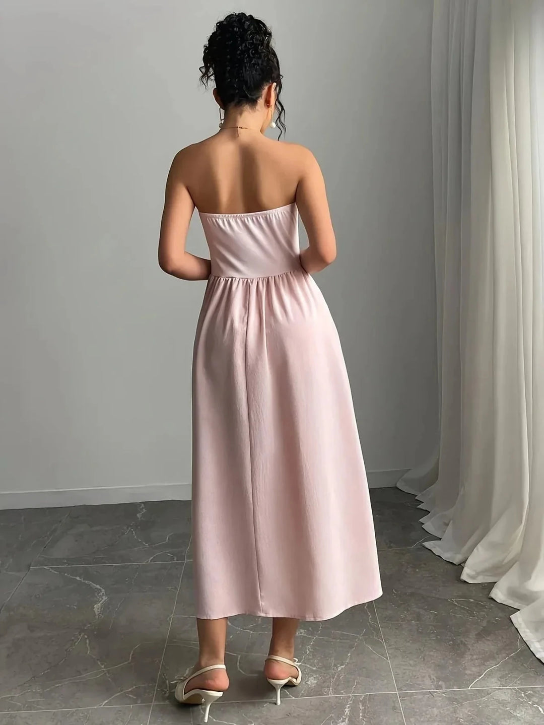 Mia | Elegant Pink Strapless Bandeau Midi Dress - Emma's Dresses