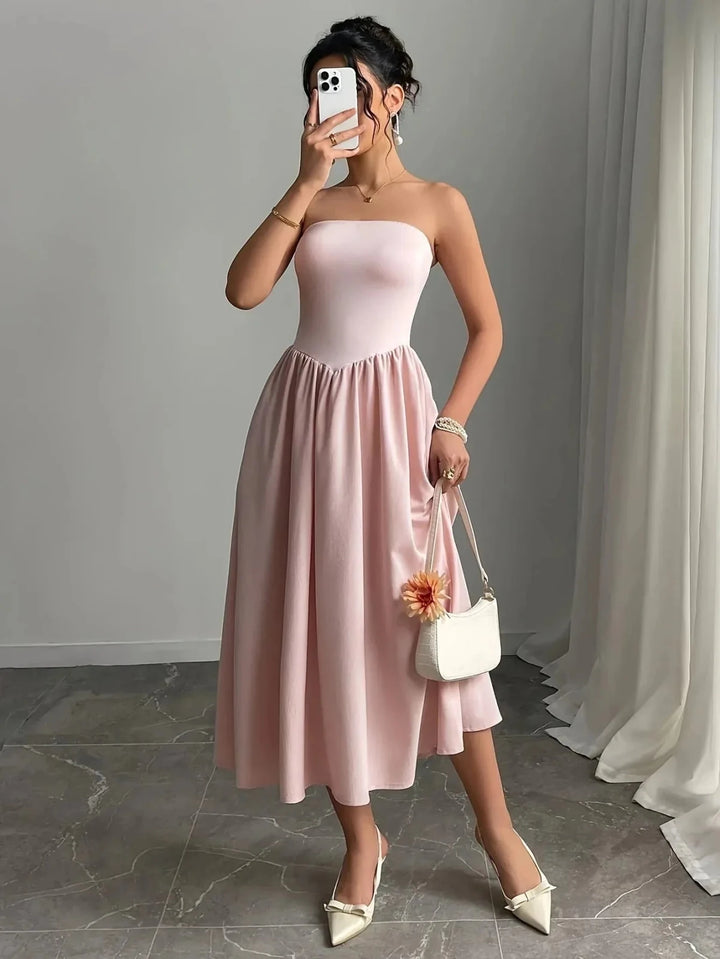Mia | Elegant Pink Strapless Bandeau Midi Dress - Emma's Dresses