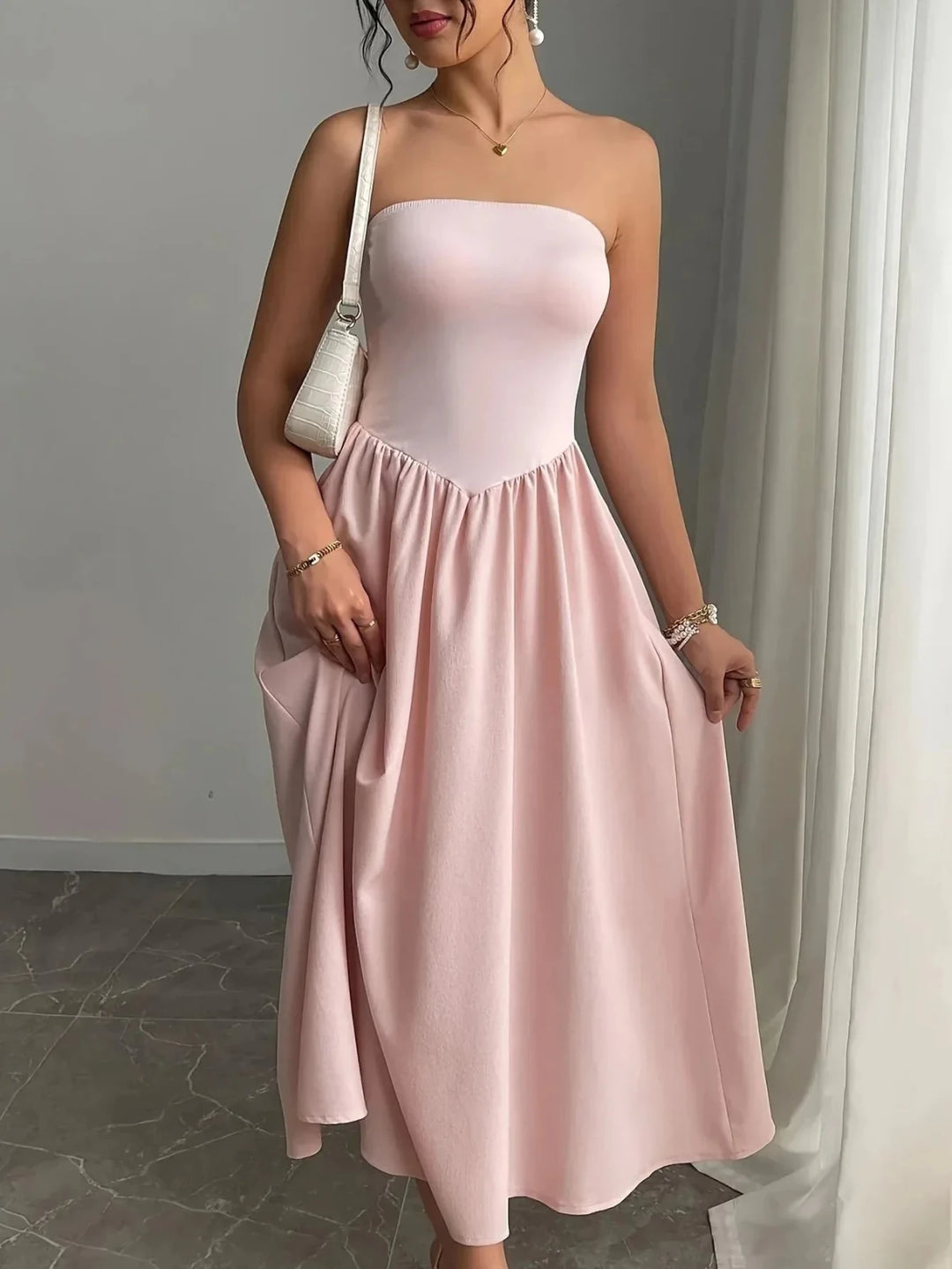 Mia | Elegant Pink Strapless Bandeau Midi Dress - Emma's Dresses
