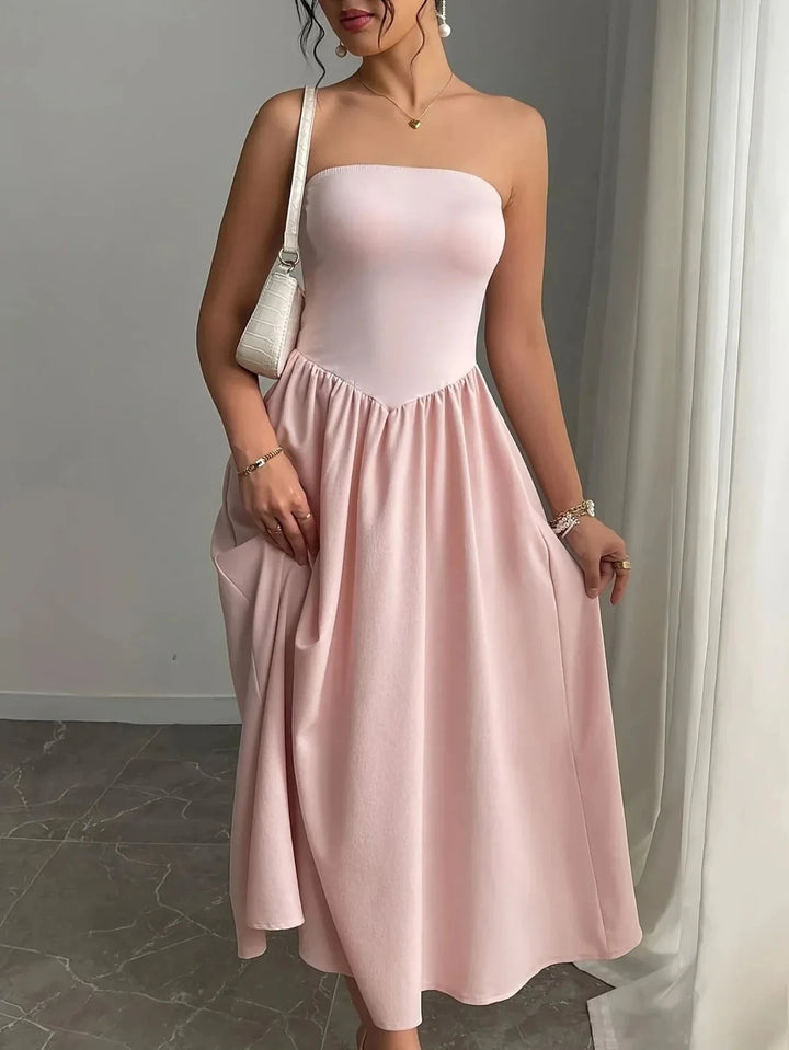 Mia | Elegant Pink Strapless Bandeau Midi Dress - Emma's Dresses