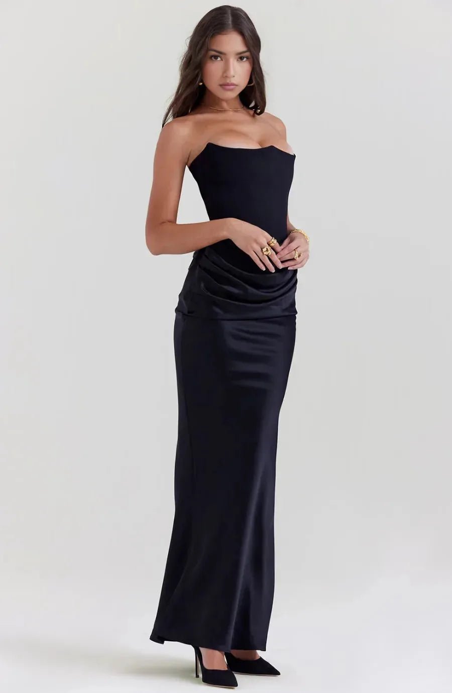 Amelia | Elegant White Strapless Corset Maxi Dress - Emma's Dresses