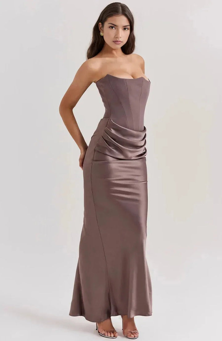 Amelia | Elegant White Strapless Corset Maxi Dress - Emma's Dresses