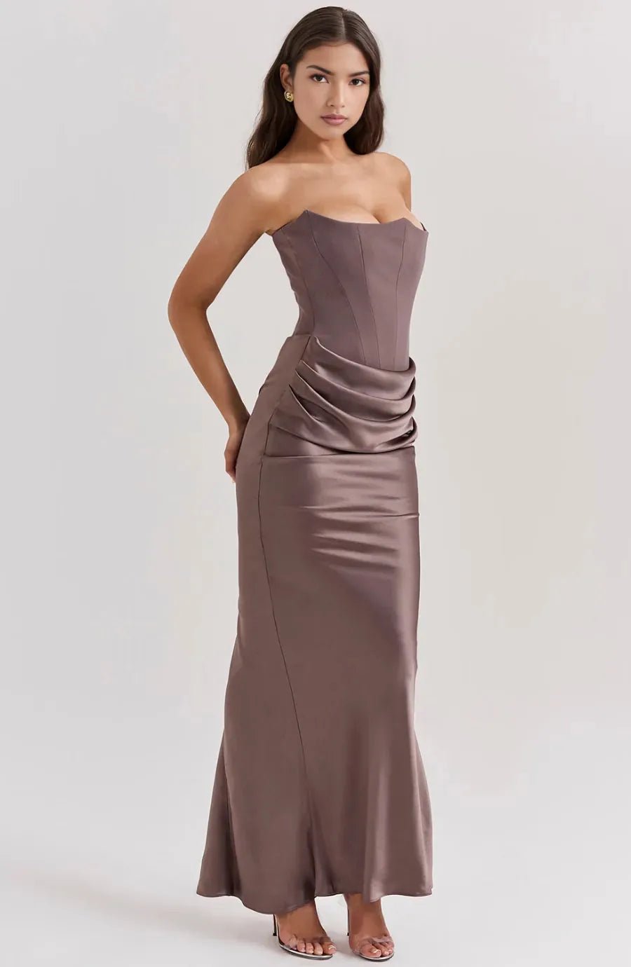 Nora | Elegant Pink Strapless Corset Maxi Dress - Emma's Dresses