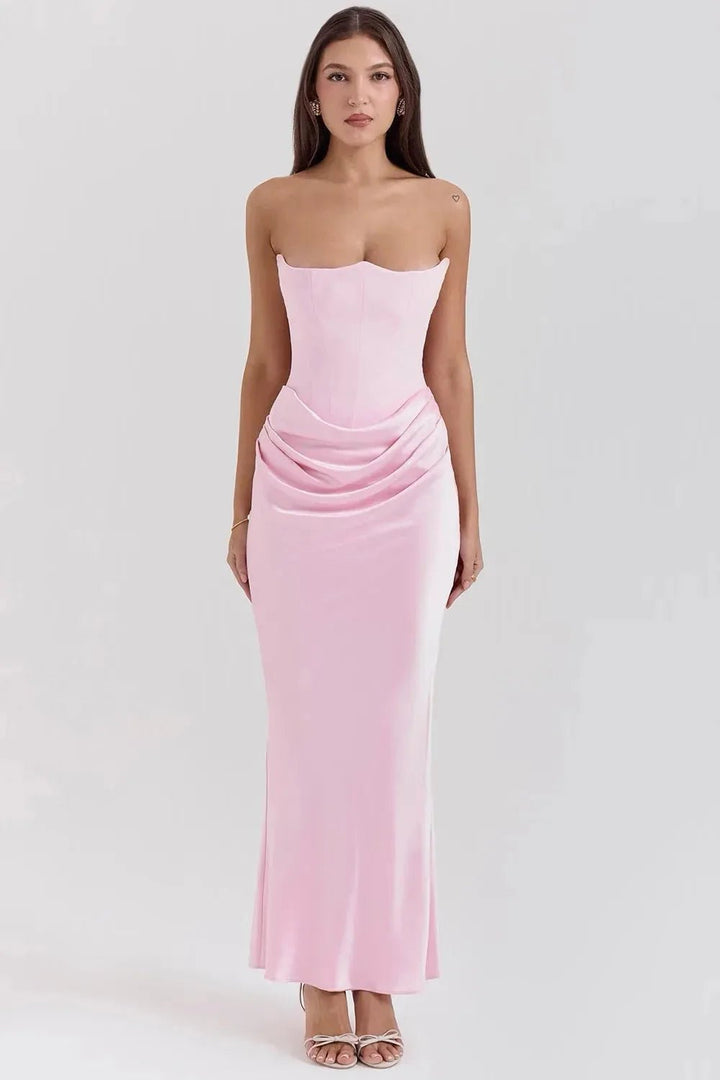 Amelia | Elegant White Strapless Corset Maxi Dress - Emma's Dresses