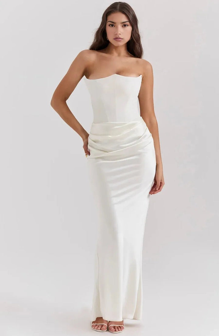 Nora | Elegant Pink Strapless Corset Maxi Dress - Emma's Dresses