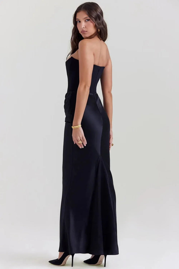 Rhea | Elegant Strapless Draped Black Maxi Dress - Emma's Dresses