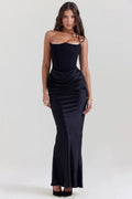 Rhea | Elegant Strapless Draped Black Maxi Dress