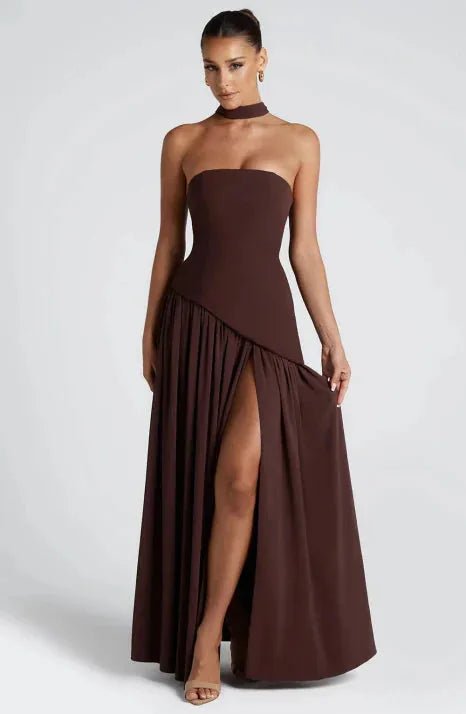 Elise | Elegant Boho Strapless Halter Dress with High Slit - Emma's Dresses