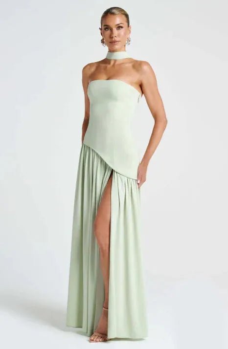 Elise | Elegant Boho Strapless Halter Dress with High Slit - Emma's Dresses