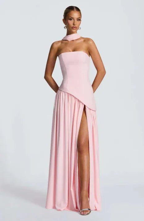 Elise | Elegant Boho Strapless Halter Dress with High Slit - Emma's Dresses