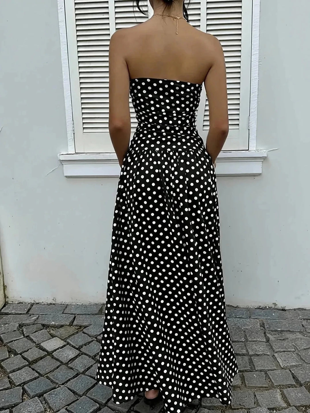 Hazel | Stylish Strapless Polka Dot Dress - Emma's Dresses