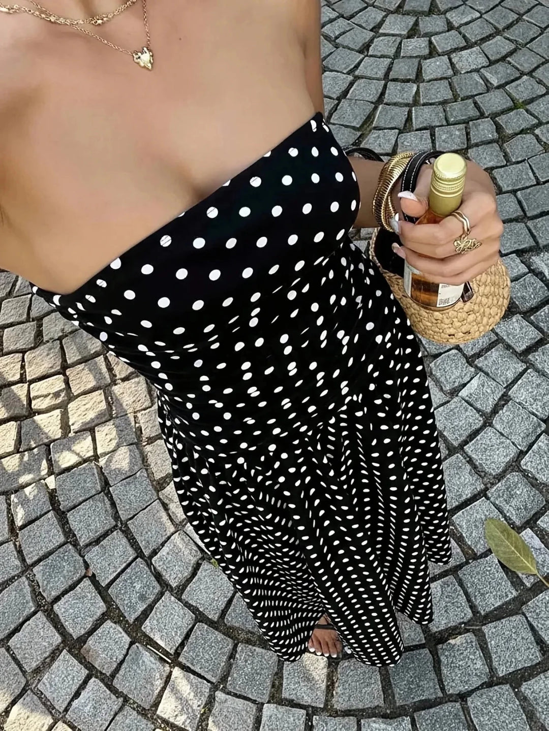 Hazel | Stylish Strapless Polka Dot Dress - Emma's Dresses