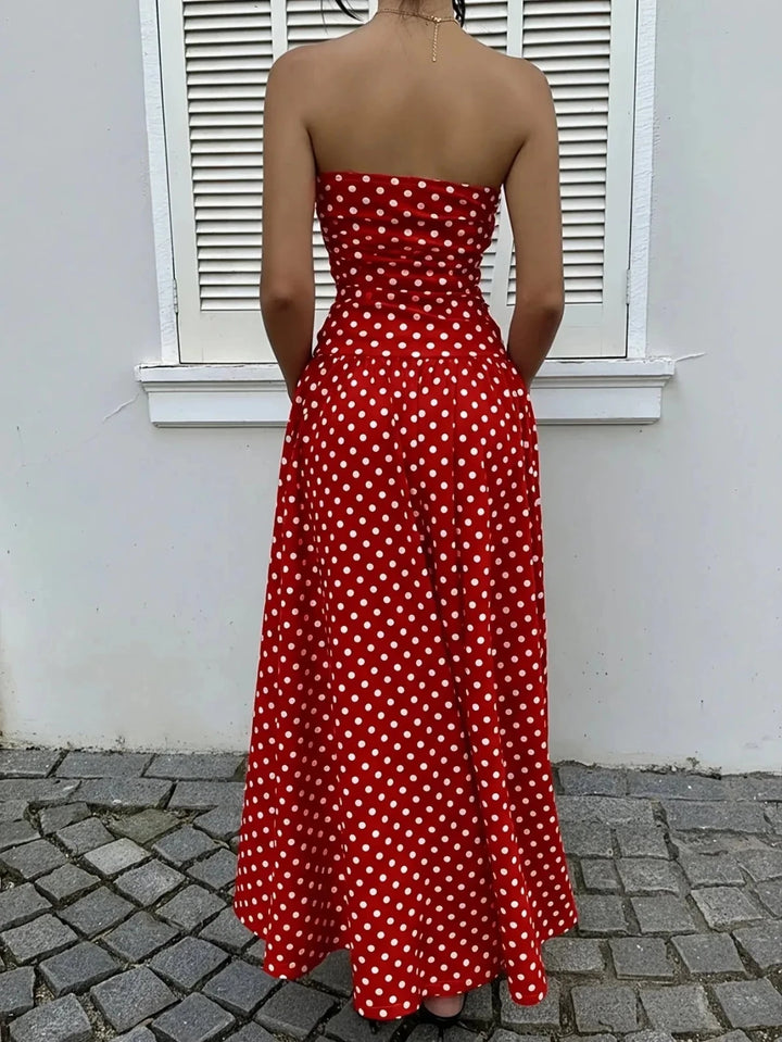 Ivy | Strapless Polka Dot Dress with Ruffle Hem - Emma's Dresses