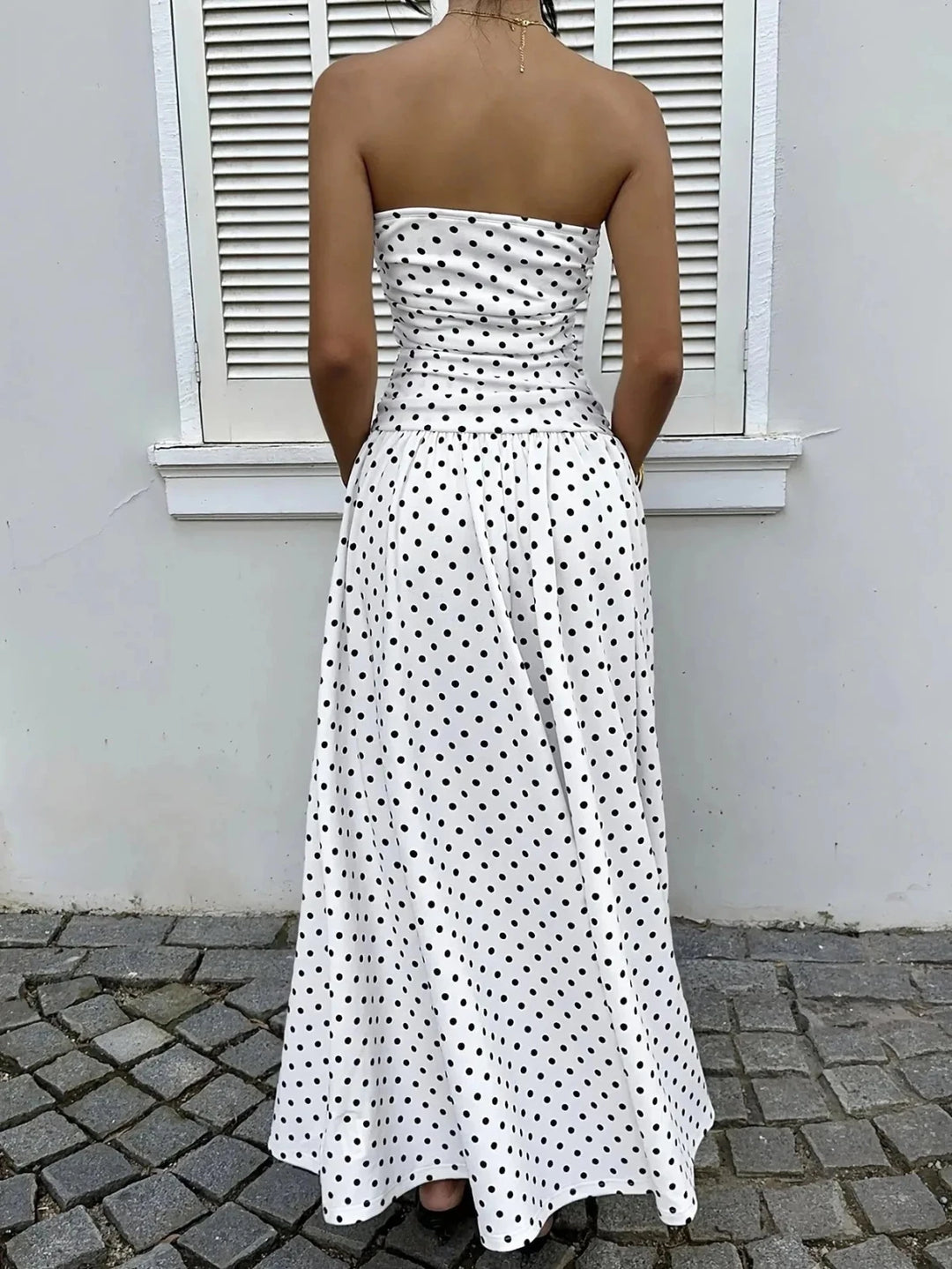 Ivy | Strapless Polka Dot Dress with Ruffle Hem - Emma's Dresses