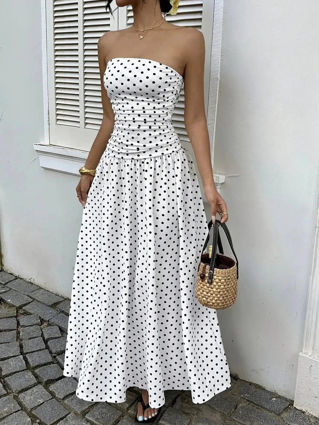 Hazel | Stylish Strapless Polka Dot Dress - Emma's Dresses