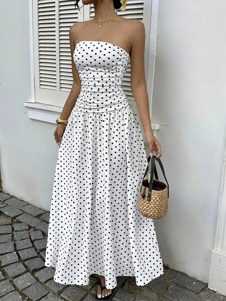 Hazel | Stylish Strapless Polka Dot Dress - Emma's Dresses