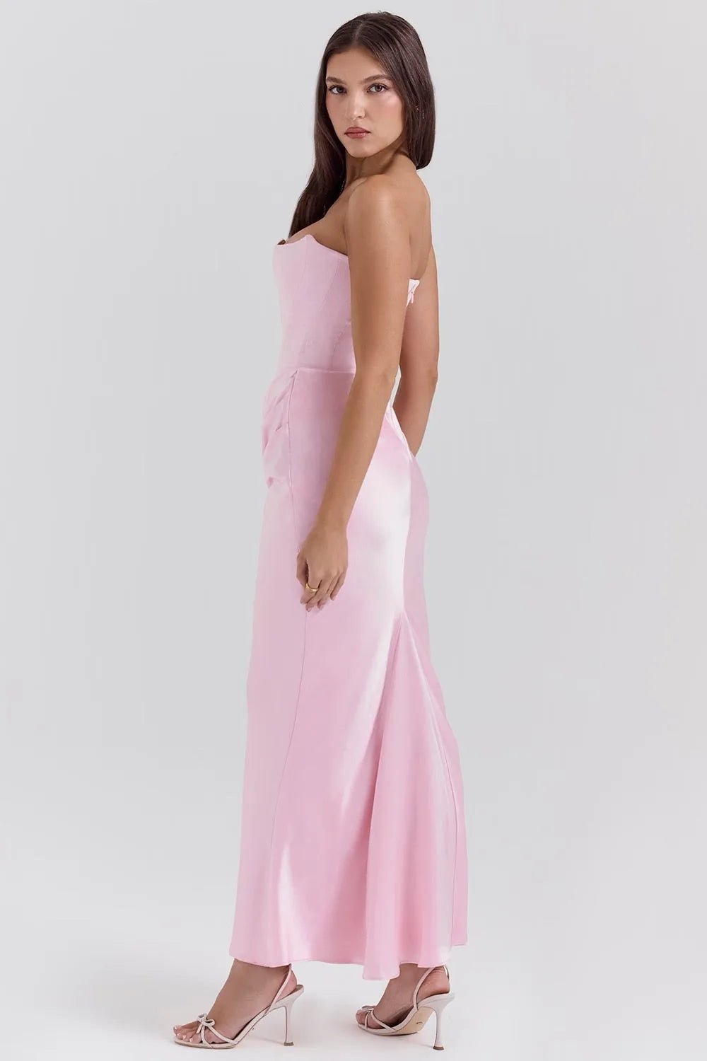 Aria | Elegant Strapless Pink Dress with Ruched Detailing - Emma's Dresses
