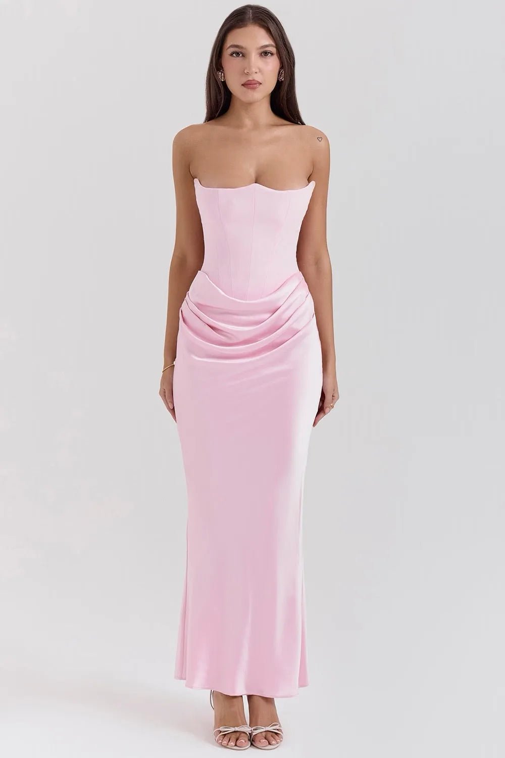 Aria | Elegant Strapless Pink Dress with Ruched Detailing - Emma's Dresses