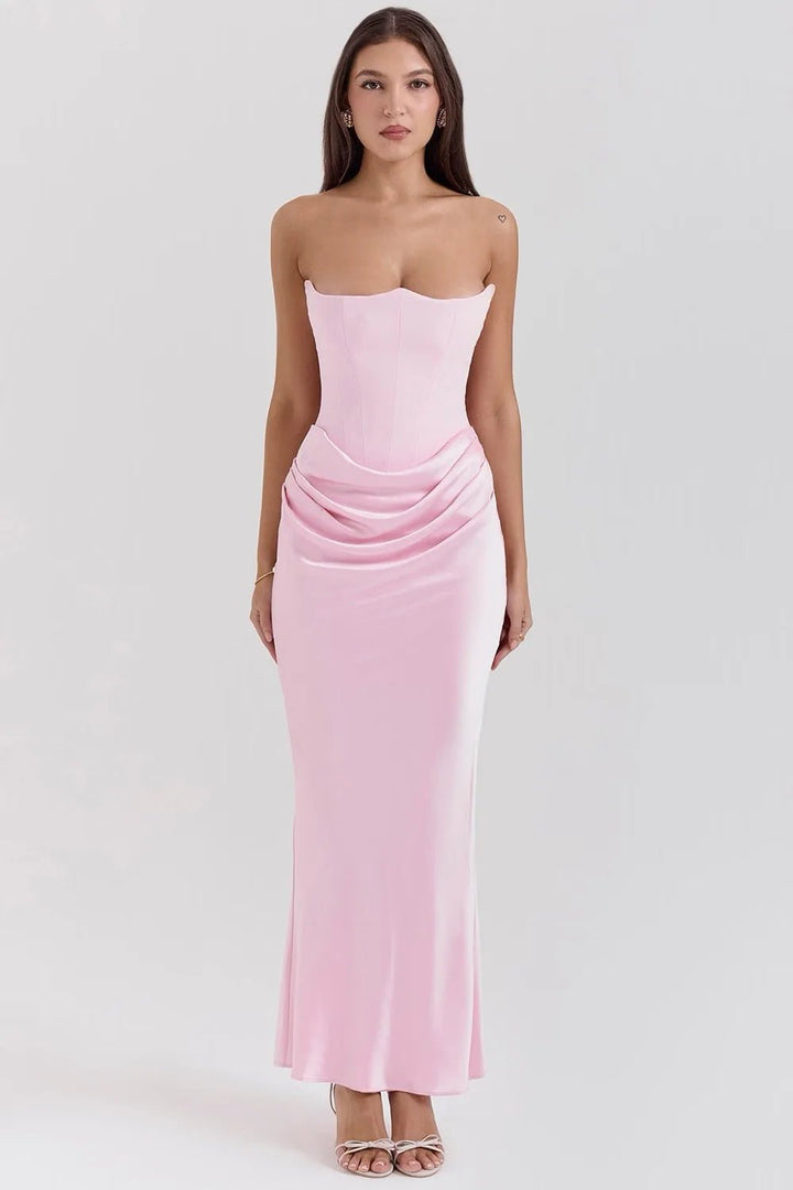 Aria | Elegant Strapless Pink Dress with Ruched Detailing - Emma's Dresses